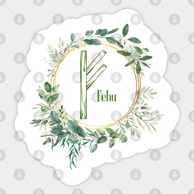 Fehu Rune Nordic Futhark Flower Wreath Runic Sticker by Witchy Ways